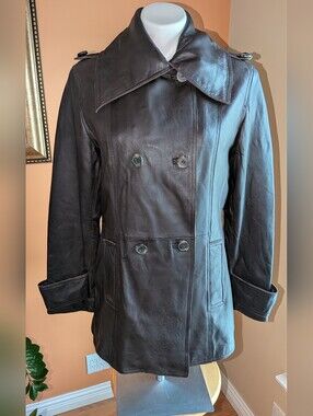 Calvin Klein Women's Black Leather Double-Breasted Coat Size L